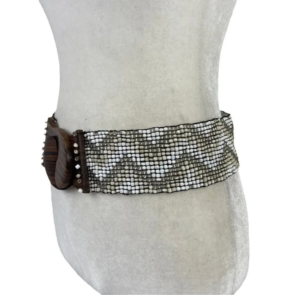 Vintage Hand-made Boho Belt Stretchy Beaded Bali Belt with Wooden Hook Buckle